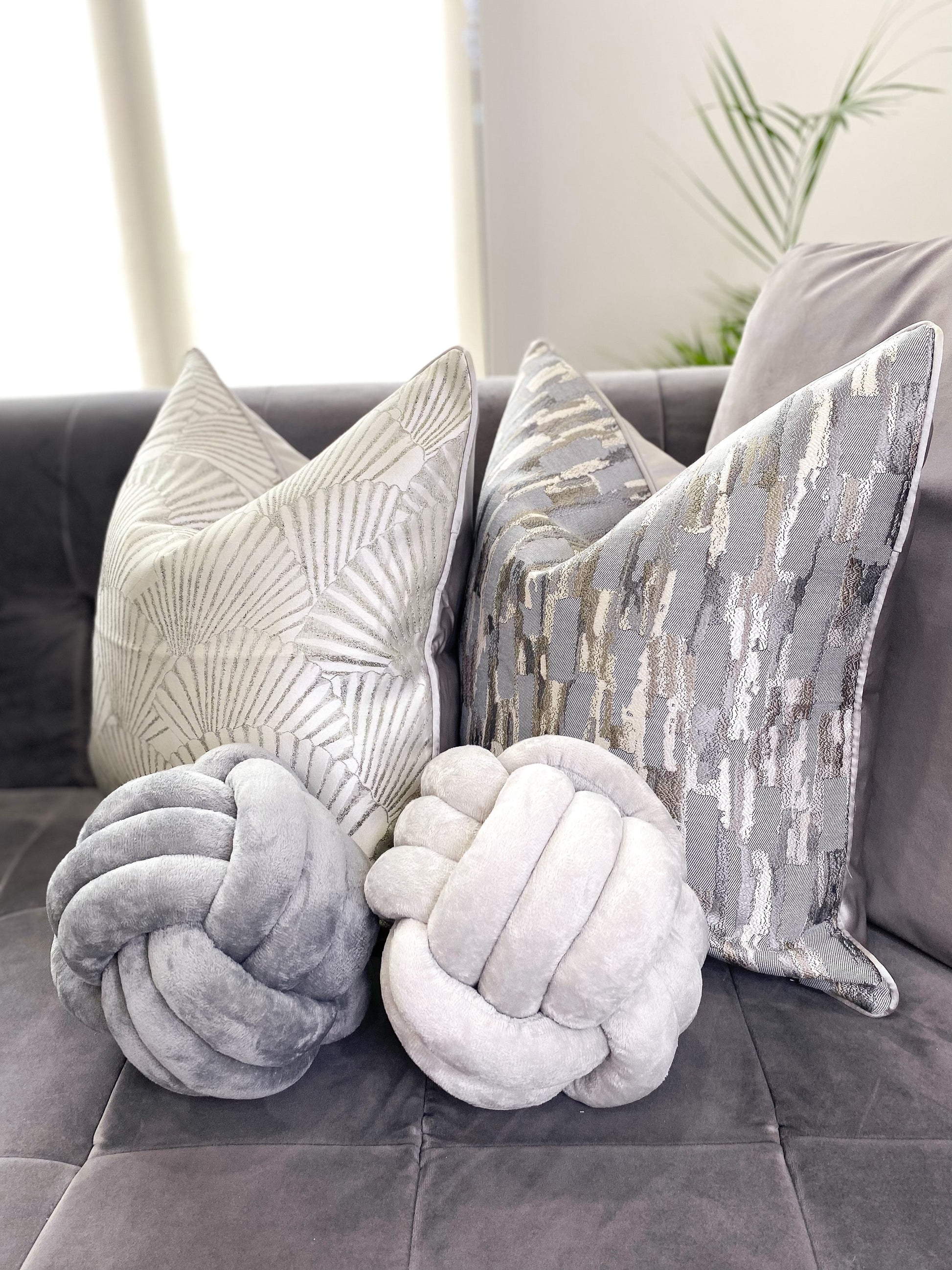 Buy Light Grey Velvet Knot Cushion |FAFA Living